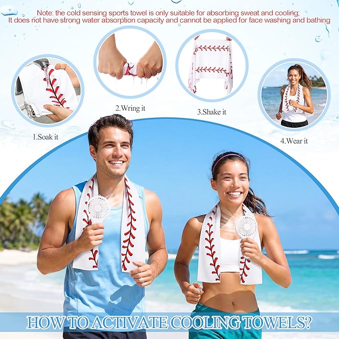 Woanger 24 Pcs Baseball Cooling Towels and Fans Sets Mini Handheld Fans Bulk 3 Speeds USB Lash Towel for Sporting Baseball Gifts for Team Games Party Favor