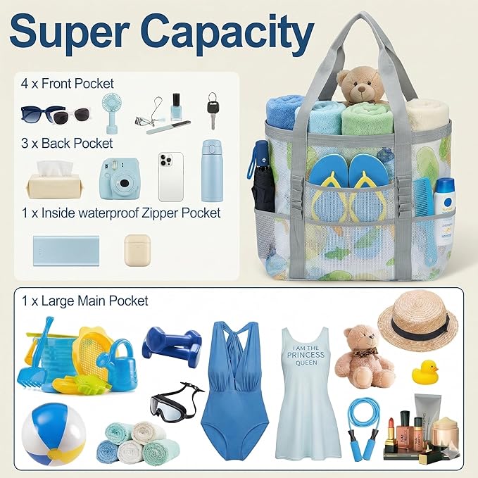Mesh Beach Bags for Women - Family Beach Tote Bag for Toys, Towels, Travel Vacation Cruise Essentials