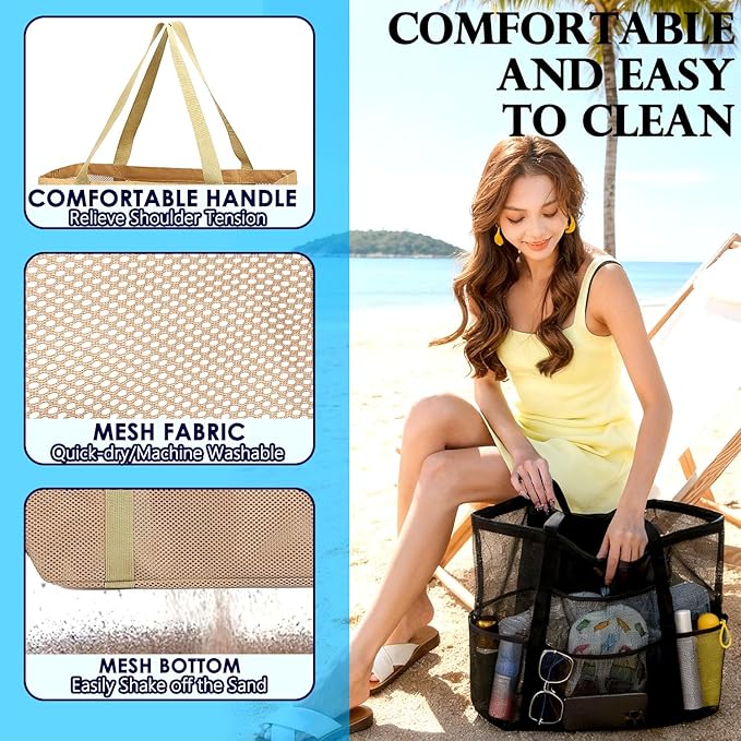Mesh Beach Bag, Large Beach Tote with Zipper Pocket, Toys Pool Bag for Family Travel Vacation Cruise Essentials