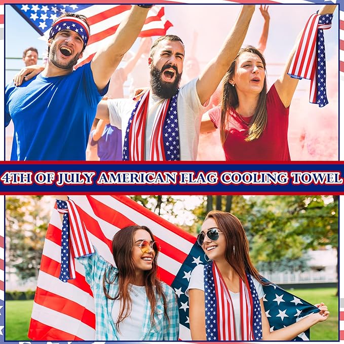 12 Pack Patriotic Cooling Towel with American Flag 40" x 12" Cooling Neck Wraps Microfiber Instant Cool Towel Red White and Blue Workout Towels Patriotic Party Supplies