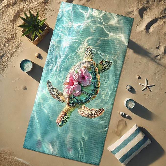 Artistic Turtle Beach Towel Aqua Green Ocean Style Quick Dry Sand Free Lightweight Bath Towel, Absorbent Resort Essentials for Vacation Pool Camping Outdoor Travel 62x31 Inch