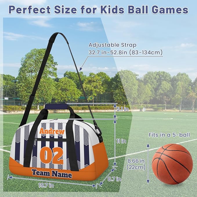 Basketball Soccer Gifts for Boys Girls - Custom Sports Duffle Bag, Personalized Name & Team Bag, Water-Resistant Gym Bag for Basketball, Soccer, Volleyball | Y-Navy Orange