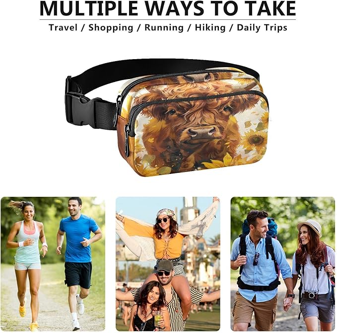 Highland Cow Sunflowers Fanny Pack for Women Men Water Resistant Fashion Waist Packs with Adjustable Strap Belt Bag for Travel Workout Jogging Hiking 21220113