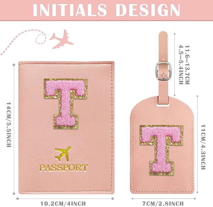 COSHAYSOO Initial Passport Cover Luggage Tag Set Letter Passport Holder Airplane Cruise Travel Essentials Vacation Traveling Accessories Personalized Gifts for Women Teen College Girls Pink T
