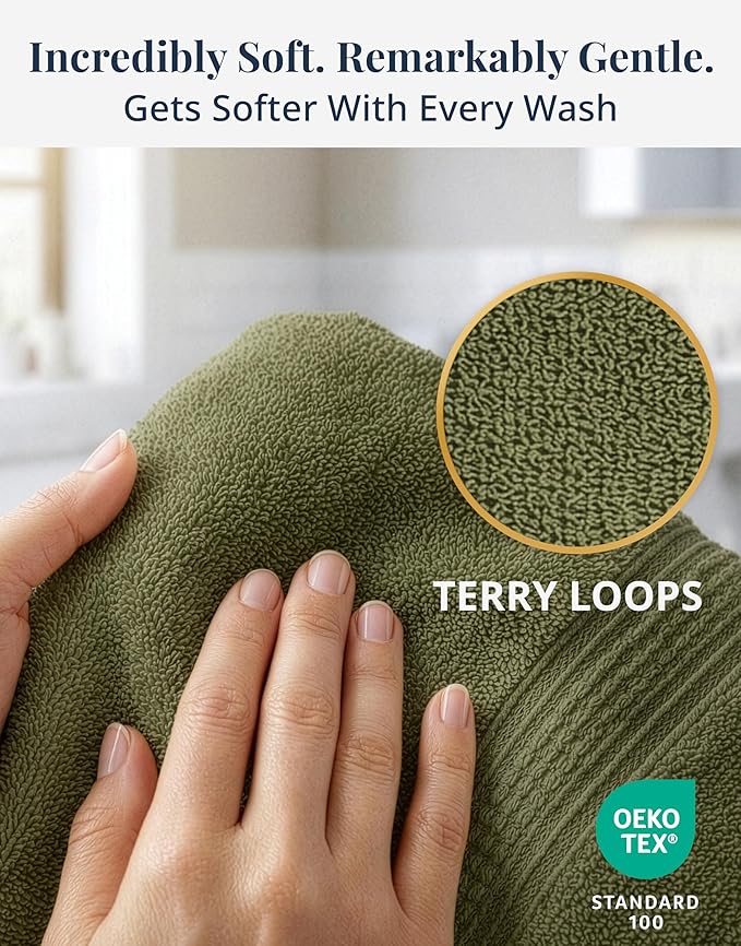 LANE LINEN Bath Hand Towels for Bathroom - 6 Pack (16" x 28"), 100% Cotton Hand & Face Towels Set - Soft, Prevent Fraying & Machine Washable - Everyday Family Towel, Gets Softer Each Wash - Oil Green