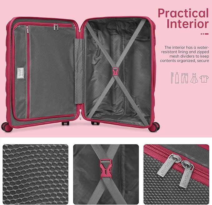 Carry On Luggage 22x14x9 Airline Approved, 22 Inch PP Hardshell Luggage Carry-on Suitcase with Spinner Wheels, Carry On Suitcase Set for Women(Rose Red)