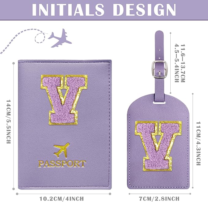 COSHAYSOO Initial Passport Cover Luggage Tag Set Letter Passport Holder Airplane Cruise Travel Essentials Vacation Traveling Accessories Personalized Gifts for Women Teen College Girls Purple V