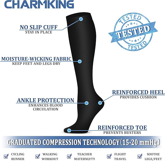 CHARMKING 6 Pairs-Compression Socks for Women & Men Circulation Best Support for Nurses, Running, Athletic,Flight Travel