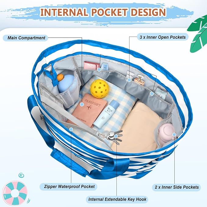 Extra Large Beach Bags for Women, Waterproof Sandproof Beach Tote Bag Foldable Swim Pool Bag with Zipper and Wet Pocket
