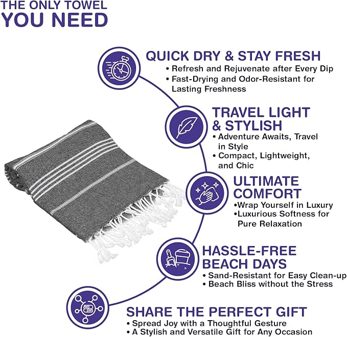 Turkish Beach Towels, Pack of 6 | Oversized, Quick Dry, Sand Free | 100% Cotton, Large 38x71 Towels for Beach, Pool, Travel | Ultra-Soft, Compact, and Absorbent | Black