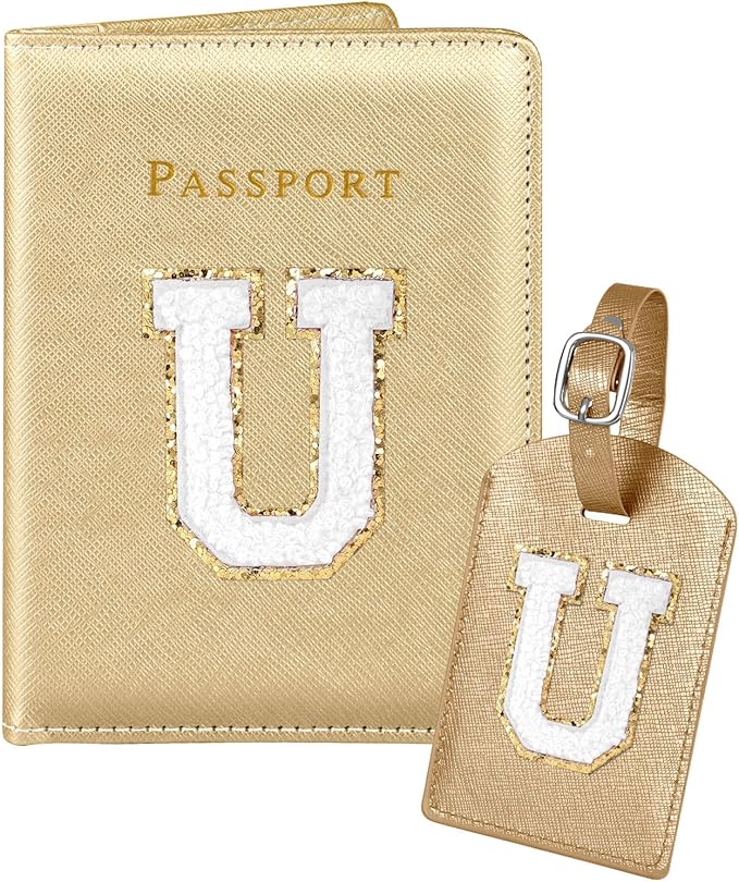 Slohif Passport Holder Initial Lugguage Tag Set Suitcase Cover Wallet Case for Travel Women - Leather Letter Passport Book Personalized Organizer Card Protector Sleeve Essentials Slim Carrier Gold U