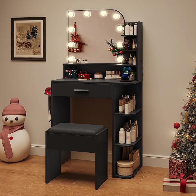 wanan Makeup Vanity with Chair, Small Vanity Desk with Mirror and Lights 3 Colors, Girls Vanity Set with Power Outlet, Compact Vanity Table for Small Space, Black