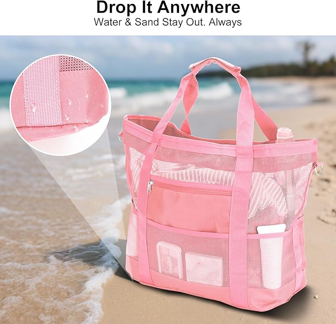 Mesh Beach Bags for Women - Family Beach Tote Bag for Toys, Towels, Travel Vacation Cruise Essentials