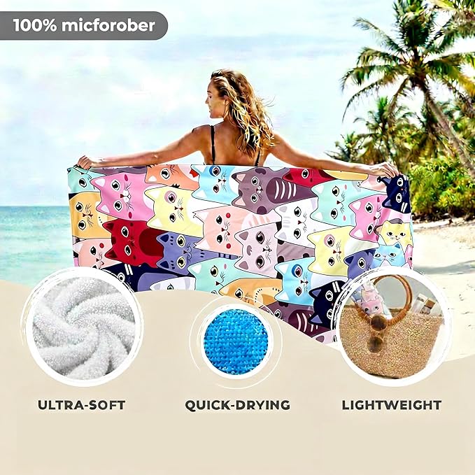 LIVILAN Small Kitten Cat Beach Towel, 24" X 48" Soft Microfiber, Absorbent, Quick Dry, Sand Free, Light, Multiuse for Bath, Pool, Swim, Cute Cat Gifts
