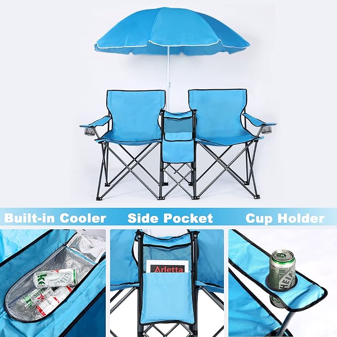 LAZZO Double Folding Camping Chairs, Portable Picnic Camping Chairs w/Umbrella Mini Beverage Holder Carrying Cooler Bag, Outdoor Picnic Double Folding loveseat Camp Chairs for Beach Patio Pool Park