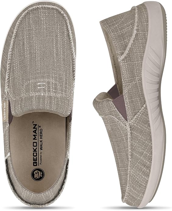 Mens Slip On Shoes, Canvas Mens Loafers with Arch Support, Orthopedic Mens Boat Shoes for Plantar Fasciitis, Indoor & Outdoor Walking Slippers Shoes for Pain Relief