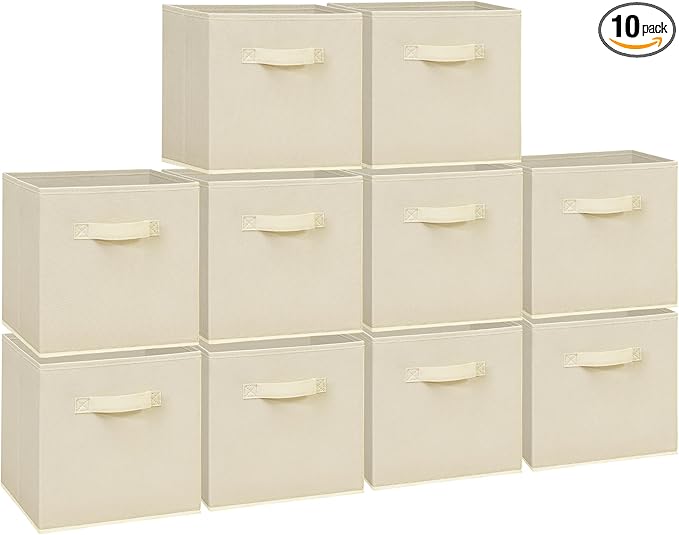 11 Inch Fabric Storage Cubes, Sturdy Foldable Storage Bins, Heavy Duty Cube Organizer for Clothes, Blankets, Shelves, Closets, Bedroom, Living Room, Beige, 10 Pack