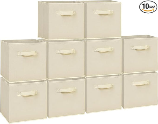 11 Inch Fabric Storage Cubes, Sturdy Foldable Storage Bins, Heavy Duty Cube Organizer for Clothes, Blankets, Shelves, Closets, Bedroom, Living Room, Beige, 10 Pack