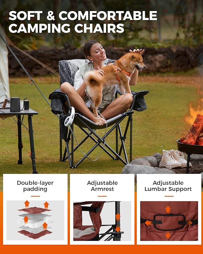 KingCamp Oversized Camping Folding Chair, Heavy Duty 450 LBS with Lumbar Support, Padded seat with Cup Holder&Cooler Bag, Ideal for Camp, Fishing, Sports Event, Backyard, Patio, Lawn(Lava Red)