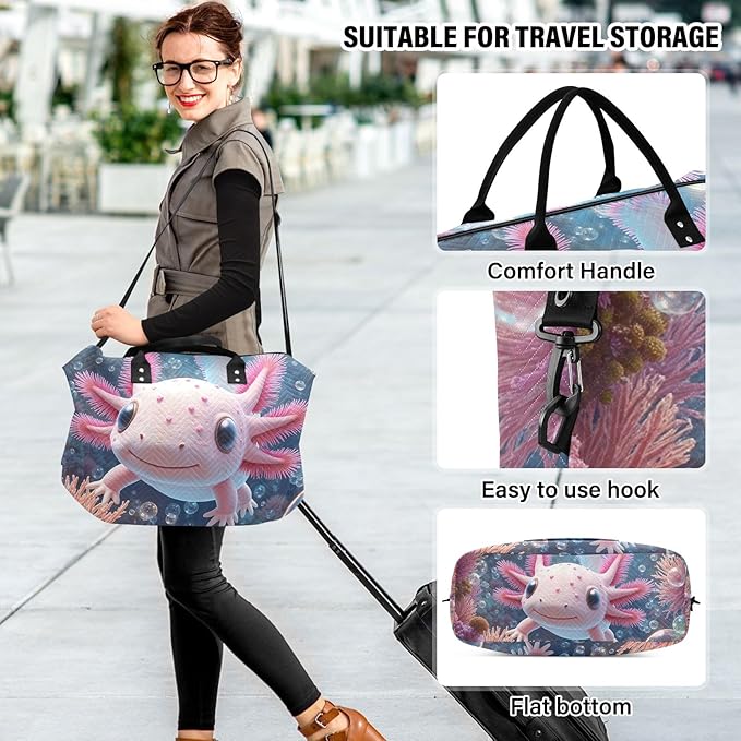 Travel Duffle Bag, Submarine Coral Axolotl Gym Bag with Storage Bag Weekender Overnight Bag for Men Women Trip Sports Yoga
