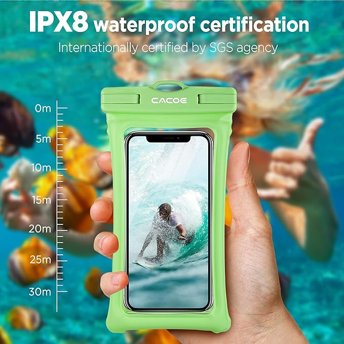 CACOE [Floatable] Floating Universal Waterproof Phone case 2 Pcs-Up to 7.0",Phone Pouch with Adjustable Neck Lanyard,IPX8 Cellphone Dry Bags for Beach Pool Swimming（Black+Dark Green）