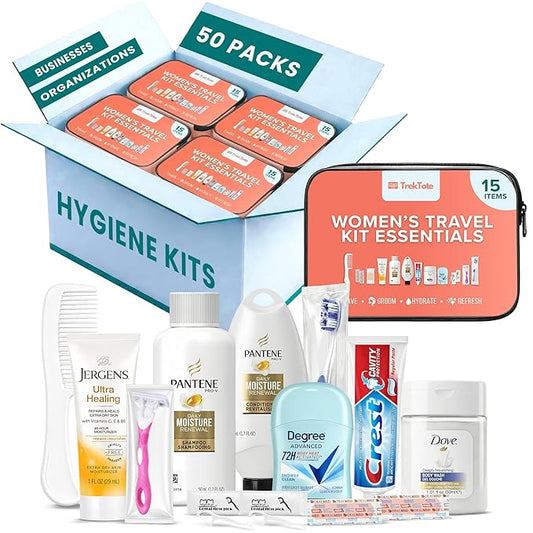 TrekTote 15 Piece Set Women’s Travel & Hygiene Kit with Clear Toiletry Bag, Personal Care Essentials, Single Kit or Bulk Case Packs