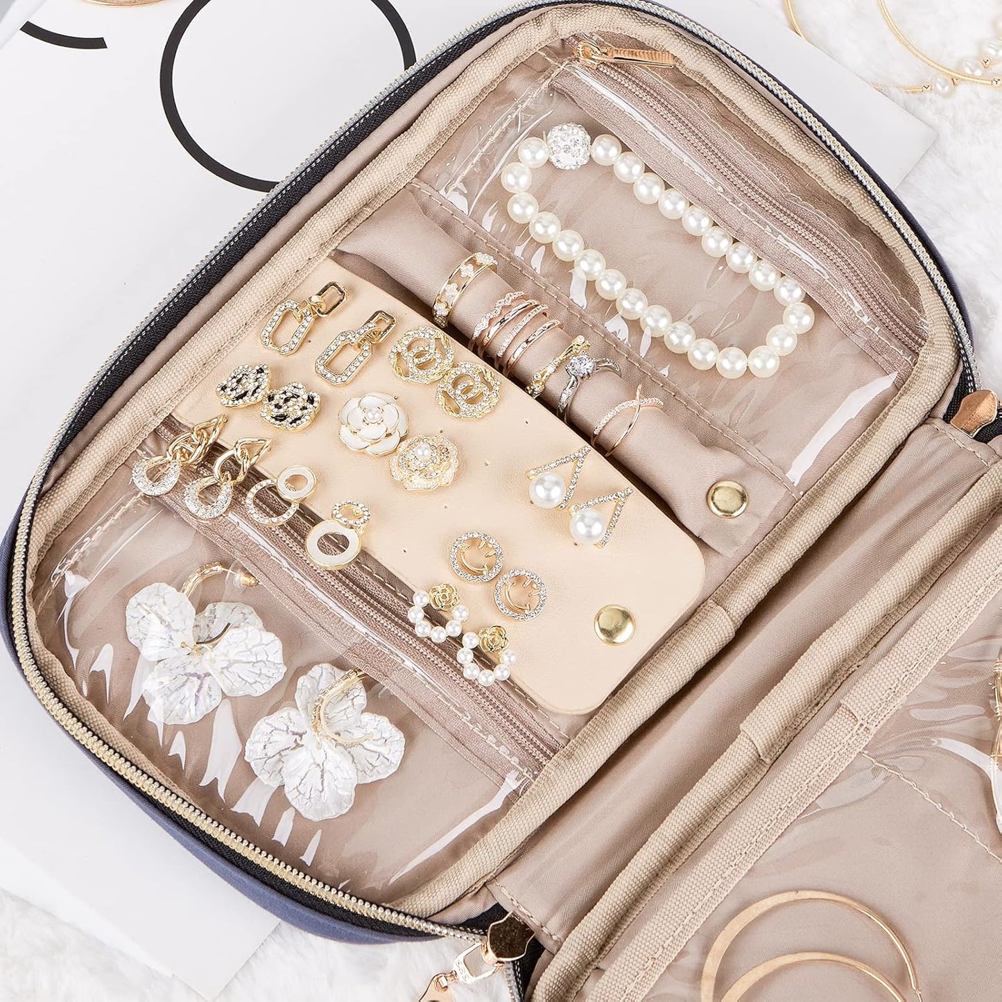 NISHEL Travel Jewelry Case, Holiday Organizer for Necklaces, Earrings, Rings, Bracelets, Watch, Aegean-Blue