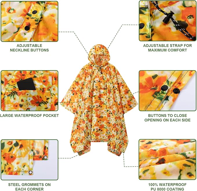 Hooded Rain Poncho for Adults - Waterproof Rain Coat and Lightweight Jacket 3-in-1 Multi-Function with Pockets