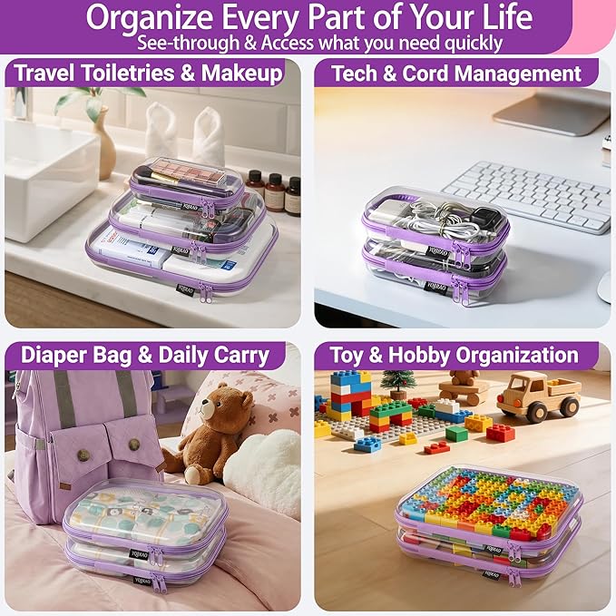 6 Pack Clear Hard Shell Zipper Case, Hard Plastic Organizer Pouches for Travel, Small Items, Makeup, Electronics & Art Supplies - Crush-Resistant & Waterproof Storage (Purple)
