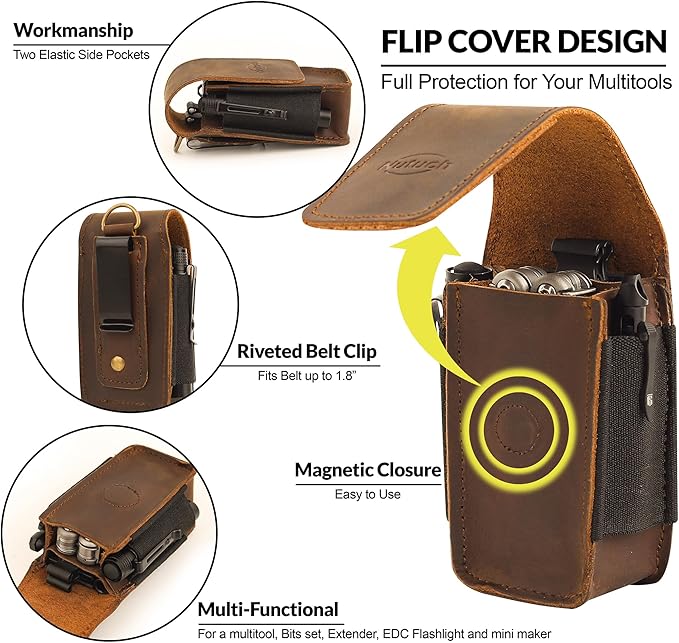 Leather EDC Multitool Sheath with Flip Closure | Leather EDC Belt Organizer | Flashlight Holster | Heavy Duty Multitool Organizer