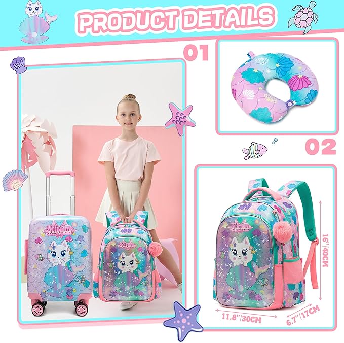 Suitcase for Kids 16inch 5pcs Luggage Set for Girls Travel Suitcase Hard Shell Luggage Sets with Spinner Wheels Carry on Luggage Airline Approved