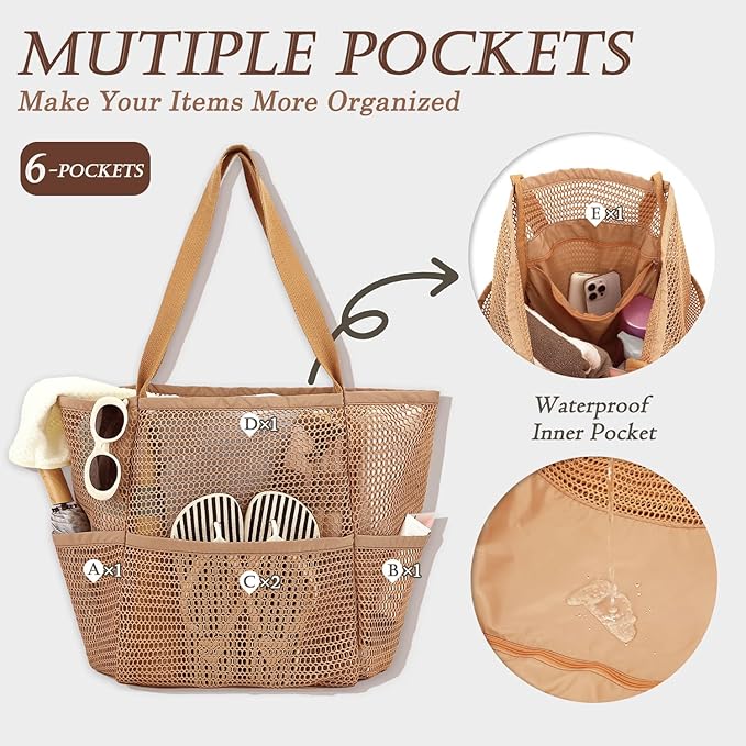 Beach Bag for Women with Outer Pocket, Waterproof Large Tote Bag for Cruise Essentials