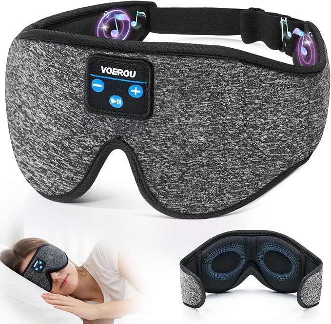 Voerou Sleep Headphones Sleep Mask Bluetooth 5.4 Earphones, Sleeping Headphones Eye Masks for Men Women, 100% Black Out Eye Covers for Sleeping, Relaxation Christmas Tech Gifts for Teen Boys Mom Dad