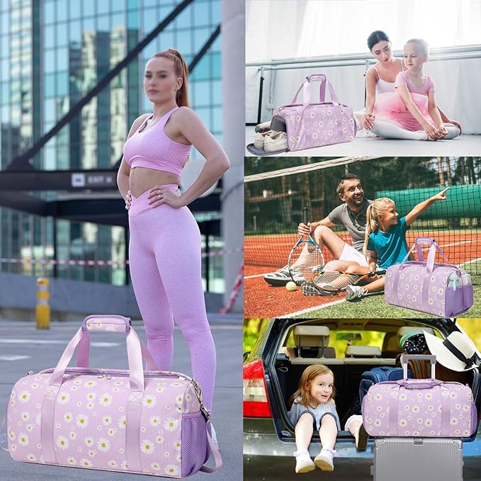 Dance Ballet Bag for Girls Teen Travel Duffel Sports Gym Yoga Cheer Weekender Corduroy Daisy Dance Bags with Shoe Compartments（purple daisy）