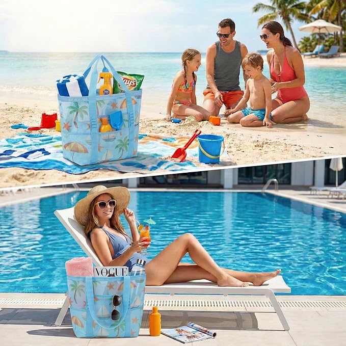 Mesh Beach Bags for Women - Family Beach Tote Bag for Toys, Towels, Travel Vacation Cruise Essentials