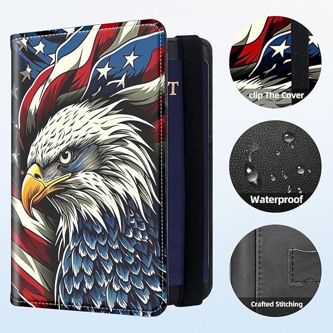 RFID Security Premium Passport and Travel Document Holder Combo, Slim PU Leather Folio Wallet with 3 Card Slots & Boarding Pass Pocket, Secure Elastic Closure Organizer, American Flag Eagle