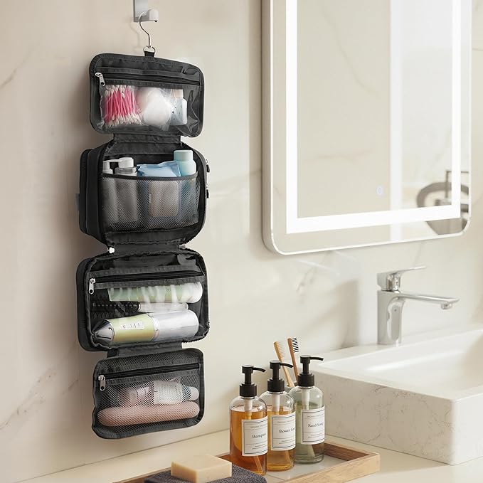 Travel Toiletry Bag for Men & Women, Large Capacity Makeup Organizer & Cosmetic Bag, Water-Resistant Portable Essentials Case with Metal Hook & Carry Handle - Perfect for Travel Use (Black, Small)