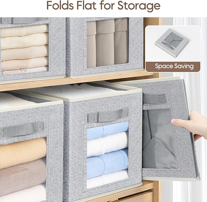 Foldable Storage Cubes - Cubby Storage Organizer with Window, Decorative Baskets for Organizing, 11 Inch Fabric Cube Shelf Bins, Set of 10, Light Gray