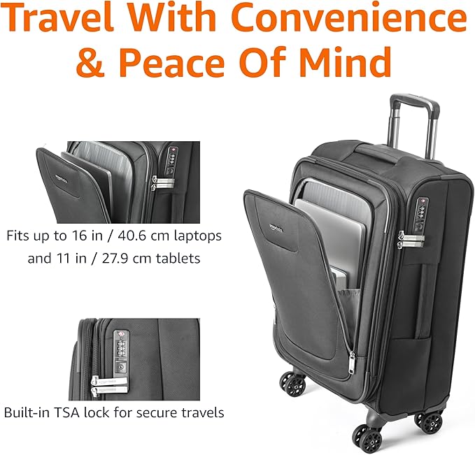 Amazon Basics 20" Carry-On Luggage, Softside Suitcase With TSA Lock, 8 Spinner Wheels, Telescoping Handle, Front Exterior Pocket, 3 Interior Pockets, Black