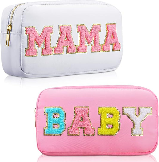 Sanwuta 2 Pieces Mama Gifts Makeup Bag Mom Pouch Birthday Gifts Nylon Cosmetic Bag Mothers Day Appreciation Toiletry Preppy Patch Chenille Letter for Women Her New Mom(White, Pink,Baby and Mama)