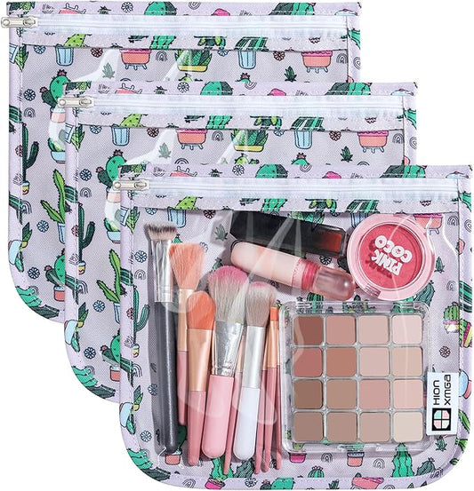 TSA Approved Toiletry Bag, Set of 3 Clear Travel Toiletry Bag Quart Size Zipper Travel Pouch, Waterproof Makeup Cosmetic Bag for Women Men Kids Toiletries Carry on, Cacti Large