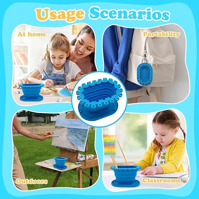 Foldable Silicone Paint Brush Cleaner Cup with Holder, Collapsible Basin for Acrylic, Watercolor & Oil Painting, Portable Artist Travel Supplies, Multi-Size Brush Drying Rack & Mixing Palette ﻿ ﻿ ﻿