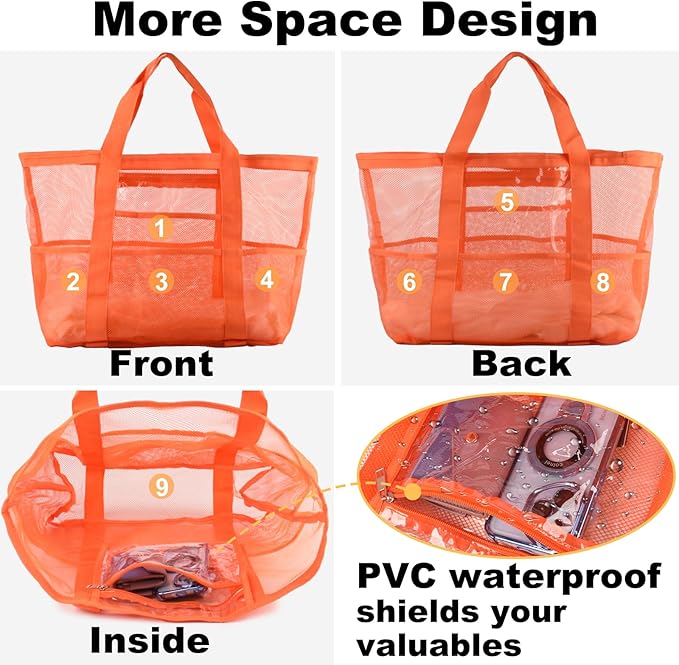 Mesh Beach Bag,Large Beach Bags for Women with 8 Pockets,Packable Tote Bag for Beach Cruise Pool Vacation Essentials