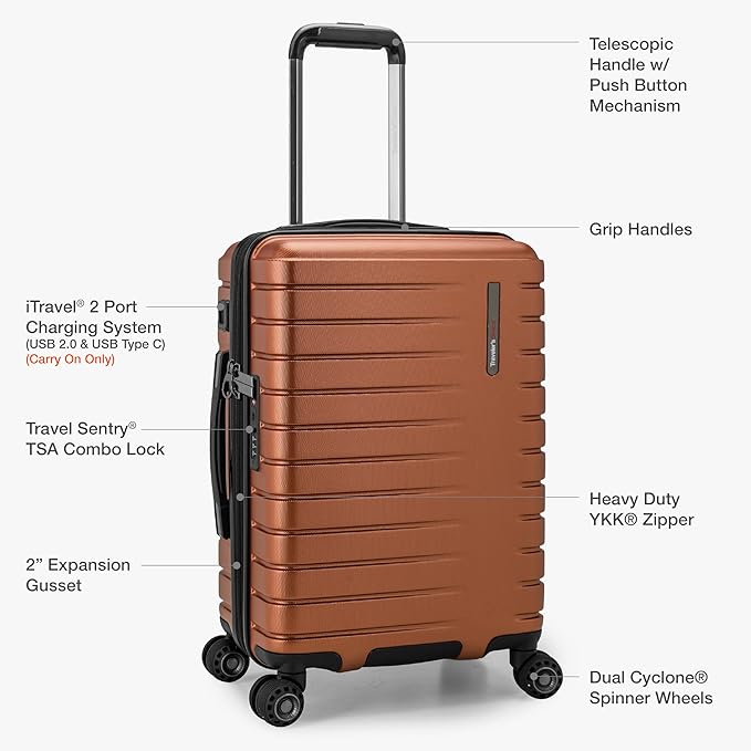 Traveler's Choice Archer Polycarbonate Hardside Spinner Luggage Set, Tie Down Straps, Orange, Carry-On 21-Inch