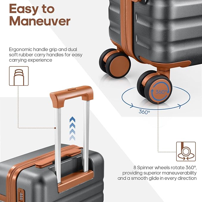 UKEIN Luggage Sets 3 Piece, PC Hardside Large Luggage 24 Inch With Spinner Wheels with TSA Lock, Carry On Suitcase Set With Travel Backpack (Grey, 3 piece set (24inch))