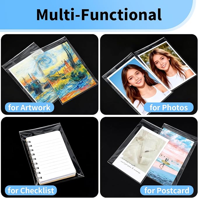 100 Pack 4x6 Photo Sleeves - Acid Free 1.57 mil (Single Side) Thick Heavy Duty Clear Plastic Bags Self Adhesive Crystal Clear Plastic Sleeves for Paper Cardstock Photo Prints 4x6