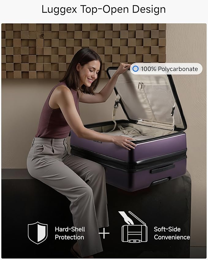 LUGGEX Checked Suitcase Top Opening, FLT Expandable Polycarbonate Hard Shell Suitcase with Wheels (FX-Lite, Purple, 30 Inch, 105L-115L)