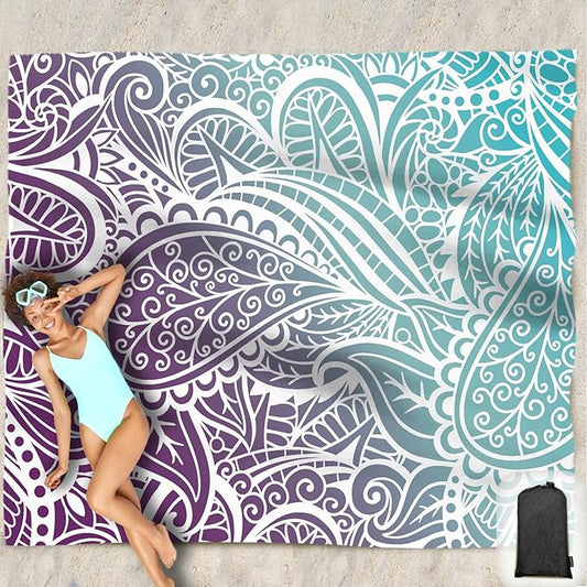 Beach Blanket Waterproof Sandproof Oversized 95”x 80”,Sand Free Beach Mat with Corner Pockets,Portable Mesh Bag for Beach Festival,Picnic,Travel and Outdoor Camping (Ombre Purple Blue)