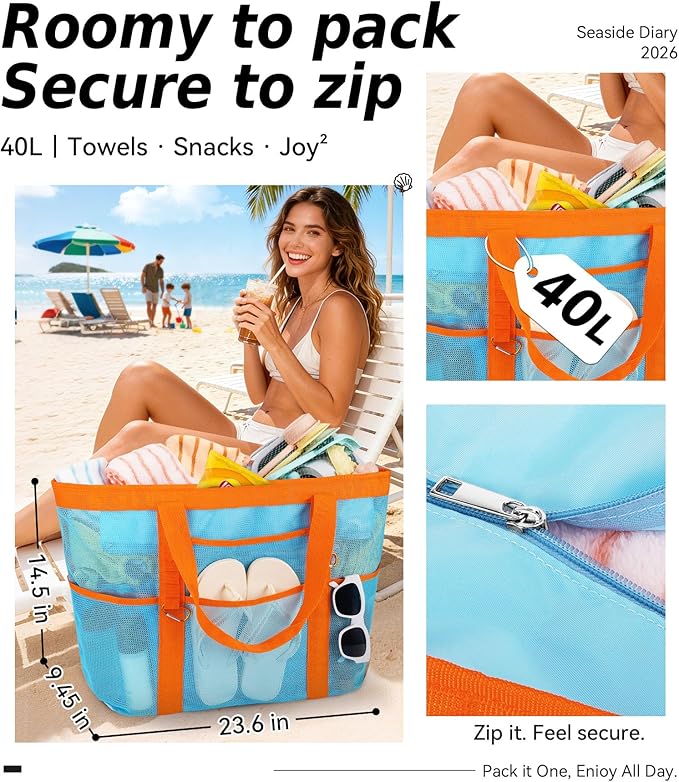 2026 Chic & Spacious XX-Large Beach Bag for Women — Mesh × Canvas Tote with Top Zipper, 11 Pockets, Detachable Pouch | 40L+ Spacious, 11 Tall Pockets, Zipper Pouch, Secure Zip-Top, Sand-Resistant Base
