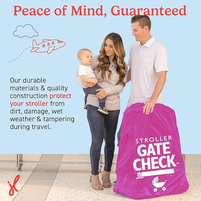 J.L. Childress Gate Check Bag for Single & Some Double Strollers - Travel Bag for Airplane, Fits Most Standard Baby Strollers, Airport Accessories Gate Check, Flying Essentials - Neon Pink